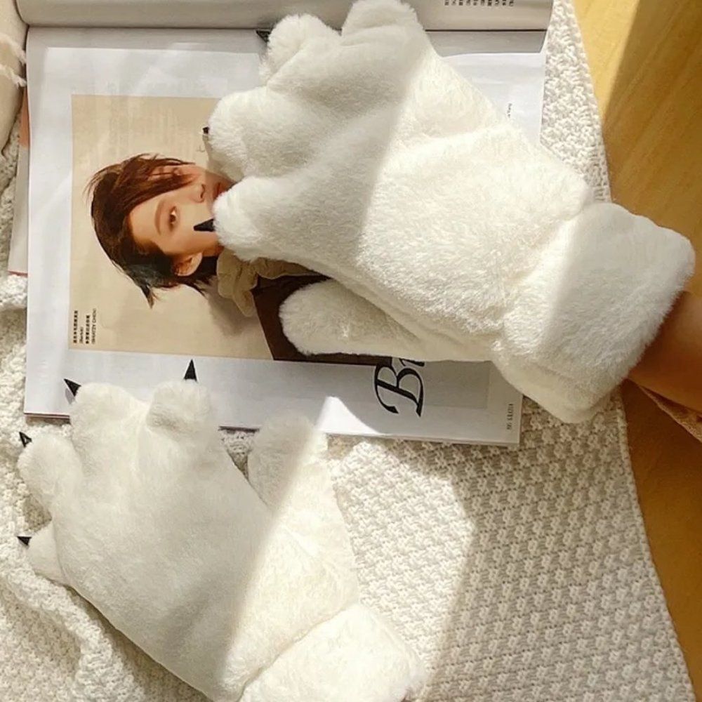 Fuzzy Bear Paws Gloves | Unisex Cat Paw Plush Fleece Mittens Cosplay #789 - Picture 2 of 5